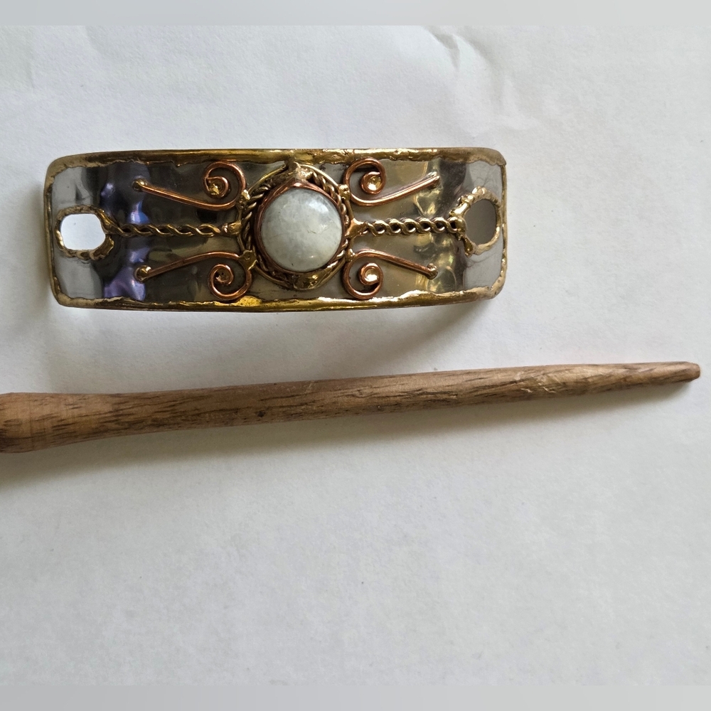 Moonstone Hairclip With Copper, Brass & Stainless Trio, Handcarved & Forged - Picture 4 of 7